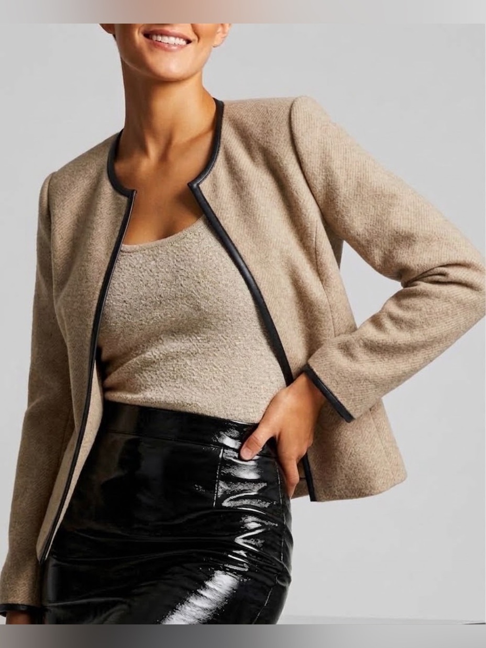 Banana Republic Tan Collarless Wool Like Jacket/Black Vegan Leather Trim: MP